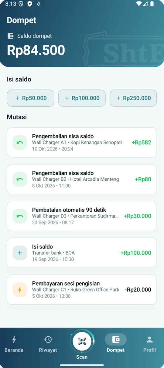 Layar dompet aplikasi ShtEV
